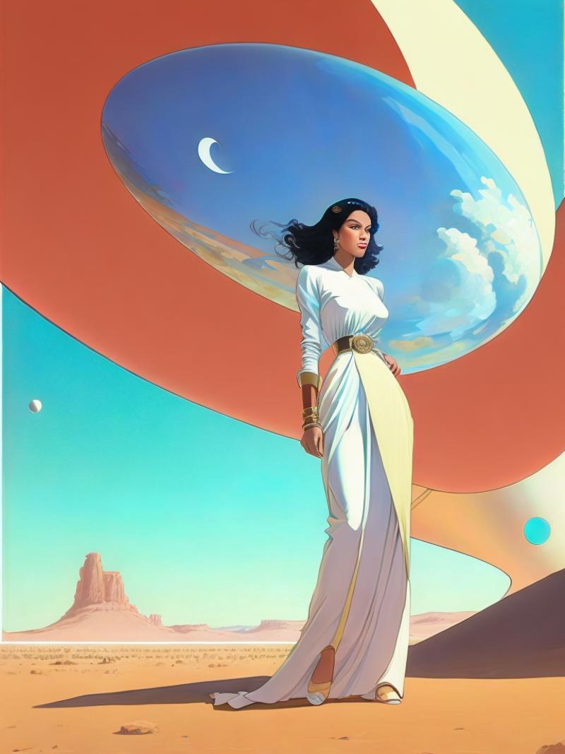 00702-2287946419-a painting of a woman in a desert with a sky background and a large object in the air by Moebius Jean Giraud.png